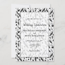 Elegant Black White Leaf Pattern Botanical Wedding Kaart
