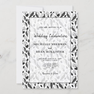 Elegant Black White Leaf Pattern Botanical Wedding Kaart