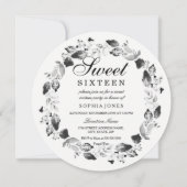 Elegant Black & White Leaf Wreath Sweet 16 Invite Kaart (Voorkant)