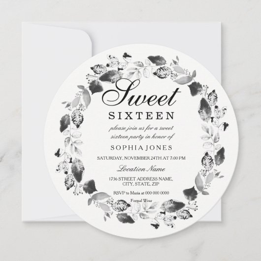 Elegant Black & White Leaf Wreath Sweet 16 Invite Kaart (Voorkant)