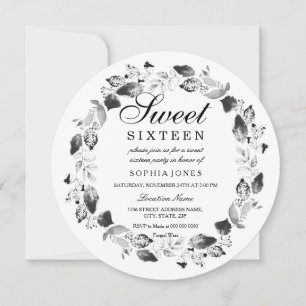 Elegant Black & White Leaf Wreath Sweet 16 Invite Kaart