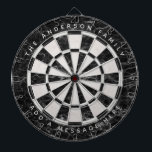 Elegant Black White Marble Custom Name Message Dartbord<br><div class="desc">Een elegant dartboard met afwisselend zwarte en witte marmer driehoeken. Een naam en een bericht worden boven en onder,  in witte petten,  als gearchiveerde tekst geschreven.</div>