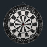Elegant Black White Marble Custom Name Message Dartbord<br><div class="desc">Een elegant dartboard met afwisselend zwarte en witte marmer driehoeken. Een naam en een bericht worden boven en onder,  in witte petten,  als gearchiveerde tekst geschreven.</div>
