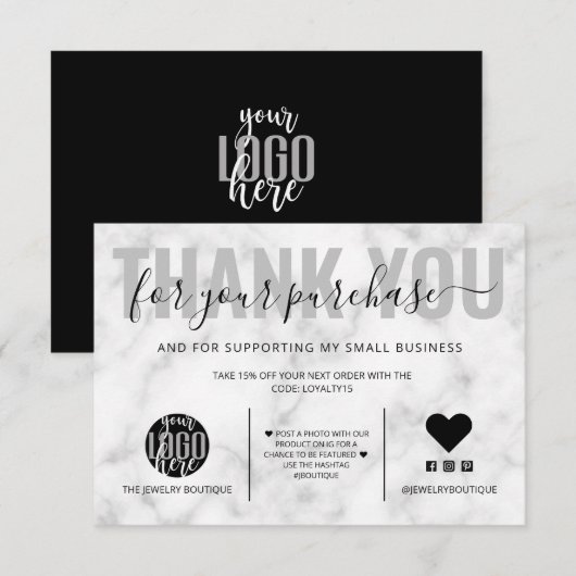 Elegant Black White Marble Logo - Hartelijk dank Bedankkaart (Voorkant / Achterkant)