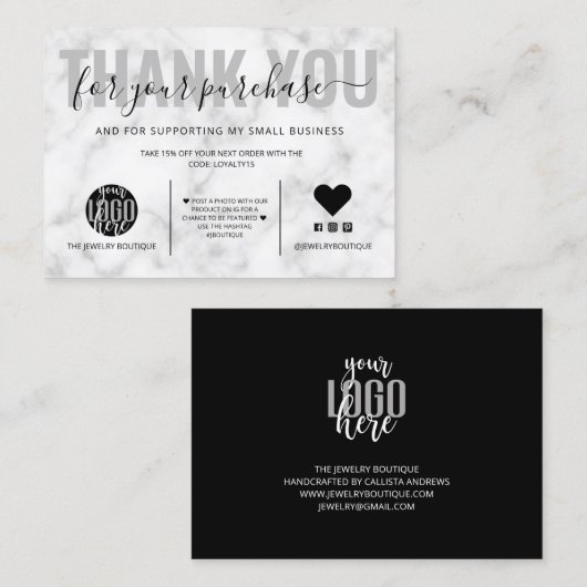 Elegant Black White Marble Logo - Hartelijk dank Visitekaartje (Voorkant / Achterkant)