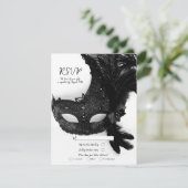Elegant Black White Masquerade Mask Wedding RSVP Kaart (Staand voorkant)