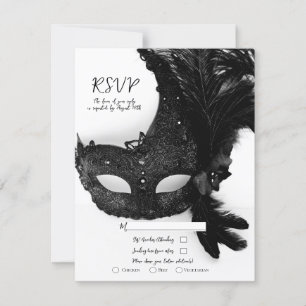 Elegant Black White Masquerade Mask Wedding RSVP Kaart