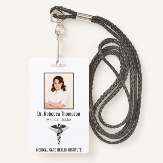 Elegant Black White Medical Caduceus Foto ID Badge (Voorkant met draagriem)