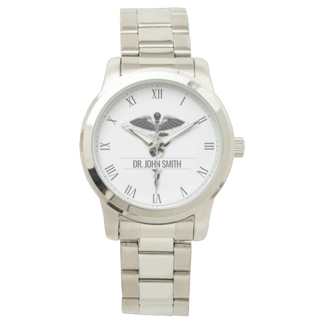 Elegant Black White Medical Classy Caduceus Name Horloge (Voorkant)