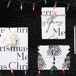 Elegant Black White Merry Christmas Tree Quote Inpakpapier Vel