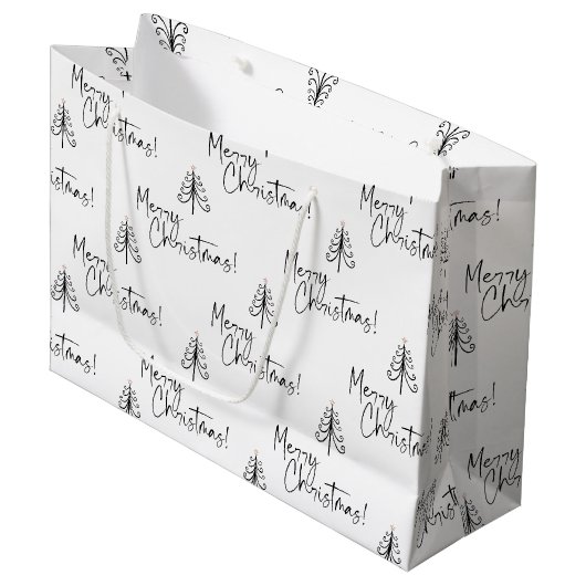 Elegant Black White Merry-kerstboompatroon Groot Cadeauzakje (Voorkant Gekanteld)