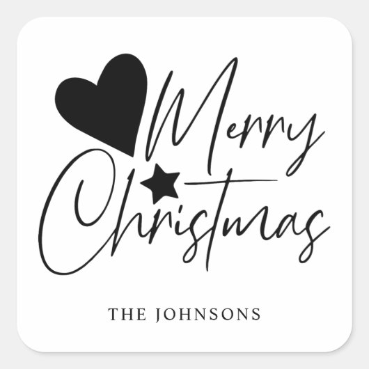 Elegant Black & White Merry-kerstscript Vierkante Sticker (Voorkant)