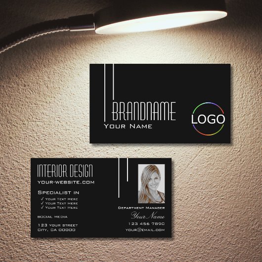 Elegant Black White met Logo & Photo Professional Visitekaartje