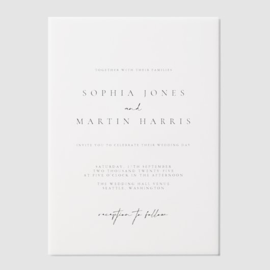 Elegant Black & White Minimalist Weddenschap Vellum Uitnodigingen (Voorkant)