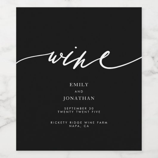 Elegant Black & White Modern Calligraphy Wedding Wijn Etiket (Enkel label)