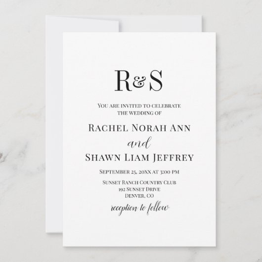 Elegant Black & White Modern Monogram Wedding Kaart (Voorkant)