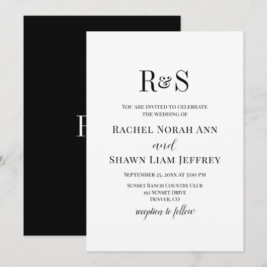 Elegant Black & White Modern Monogram Wedding Kaart (Voorkant / Achterkant)