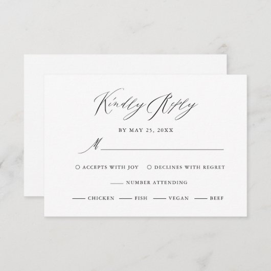 Elegant Black White Modern Script Weddenschap RSVP Kaartje (Voorkant / Achterkant)