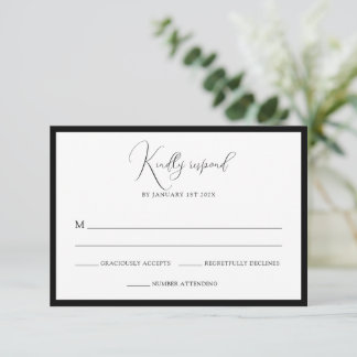Elegant Black & White Monogram Bordered Wedding RSVP Kaartje