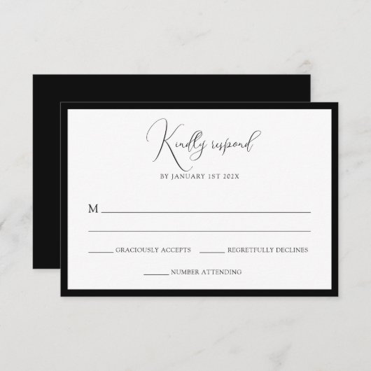 Elegant Black & White Monogram Bordered Wedding RSVP Kaartje (Voorkant / Achterkant)