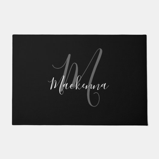 Elegant Black White Monogram Chic Script Name Deurmat (Voorkant)
