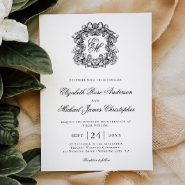 Elegant Black White Monogram Crest Wedding Kaart