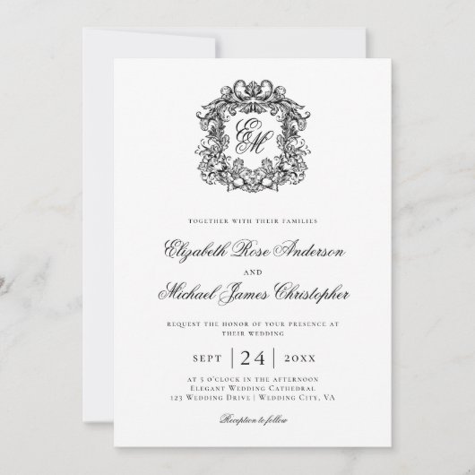 Elegant Black White Monogram Crest Wedding Kaart (Voorkant)