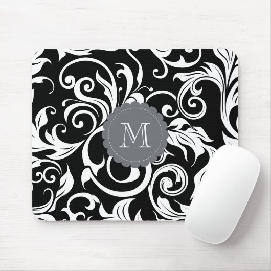Elegant Black White Monogram Floral Wallpaper Muismat (Met muis)