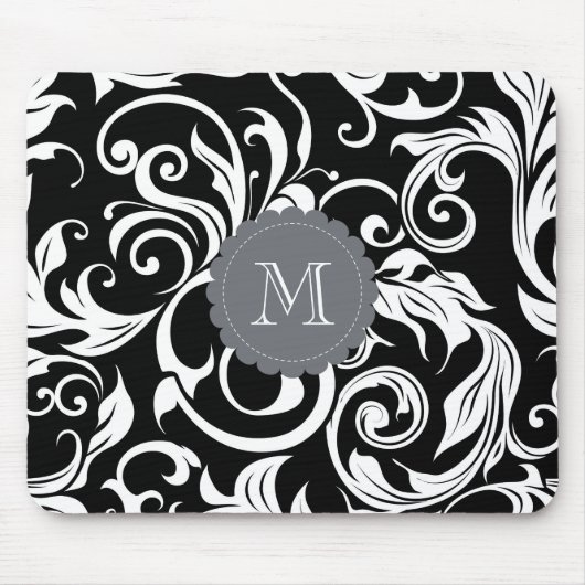 Elegant Black White Monogram Floral Wallpaper Muismat (Voorkant)