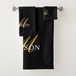 Elegant Black White Monogram Gold Script Bad Handdoek