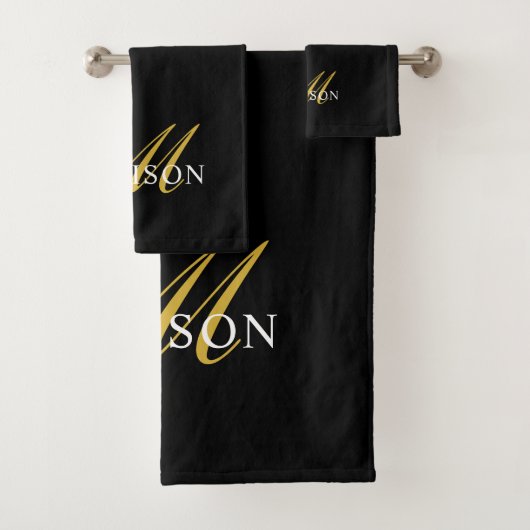 Elegant Black White Monogram Gold Script Bad Handdoek (Insitu)