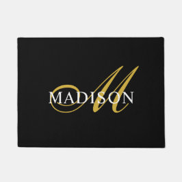 Elegant Black White Monogram Gold Script Deurmat