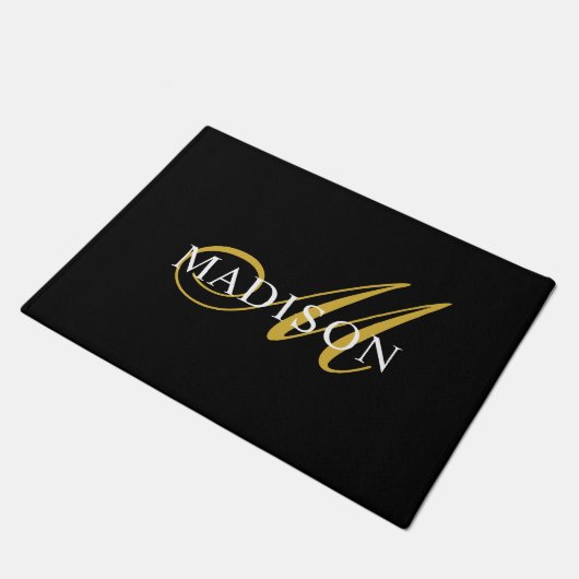Elegant Black White Monogram Gold Script Deurmat (Schuin)