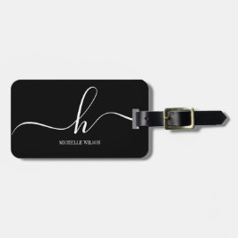 Elegant Black White Monogram Initial Script Name  Bagagelabel
