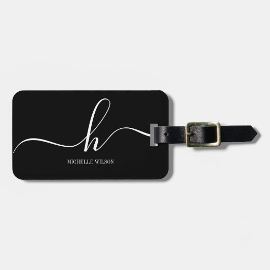 Elegant Black White Monogram Initial Script Name  Bagagelabel (Voorkant horizontaal)
