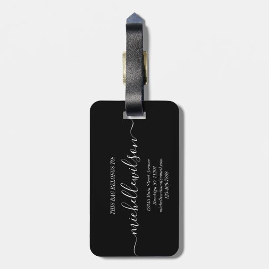 Elegant Black White Monogram Initial Script Name Bagagelabel (Achterkant verticaal)