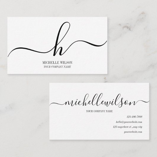 Elegant Black White Monogram Initial Script Name  Visitekaartje (Voorkant / Achterkant)