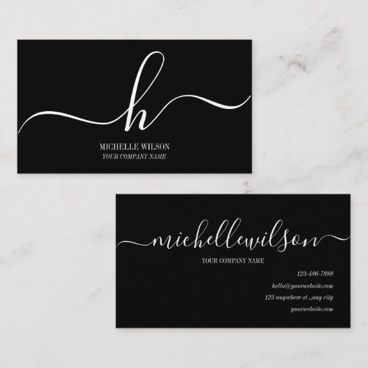 Elegant Black White Monogram Initial Script Name Visitekaartje (Voorkant / Achterkant)
