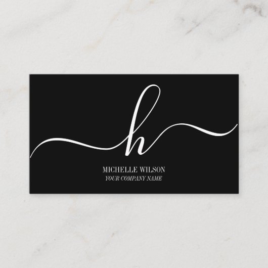 Elegant Black White Monogram Initial Script Name Visitekaartje (Voorkant)