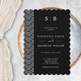 Elegant Black & White Monogram Lace Wedding Kaart