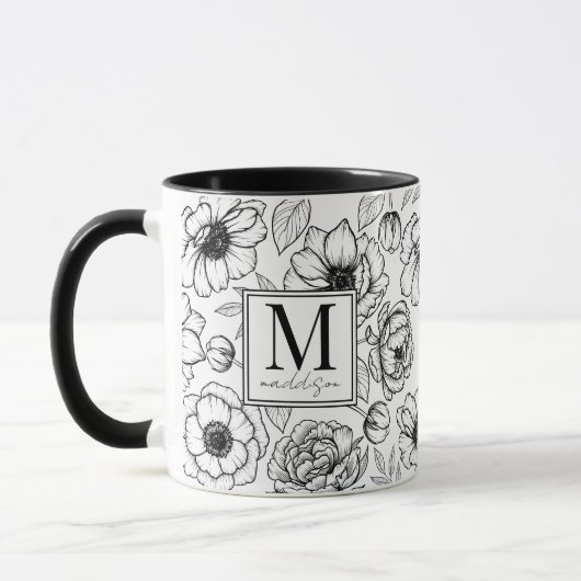 Elegant Black White Monogram Mok (Links)