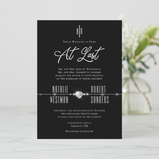 Elegant Black White Monogram op laatste bruiloft Kaart (Staand voorkant)