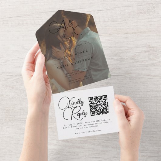 Elegant Black White Monogram Script Photo Weddensc All In One Uitnodiging (Afscheurbaar)