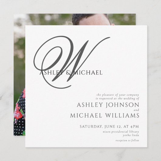 Elegant Black/White Monogram Square Photo Weduwen Kaart (Voorkant / Achterkant)
