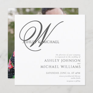 Elegant Black/White Monogram Square Photo Weduwen Kaart