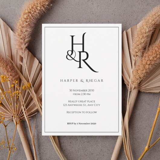 Elegant Black & White Monogram Wedding Invitation Kaart