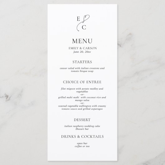 Elegant Black & White Monogram Wedding Menu (Voorkant)
