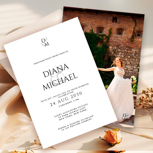 Elegant Black&White Monogram Wedding Photo Kaart