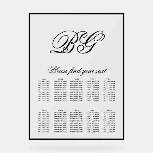 Elegant Black White Monogram Wedding Seding Chart Acryl Bord (Voorkant)