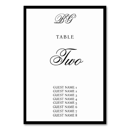 Elegant Black White Monogram Wedding Seding Chart Kaart (Voorkant)